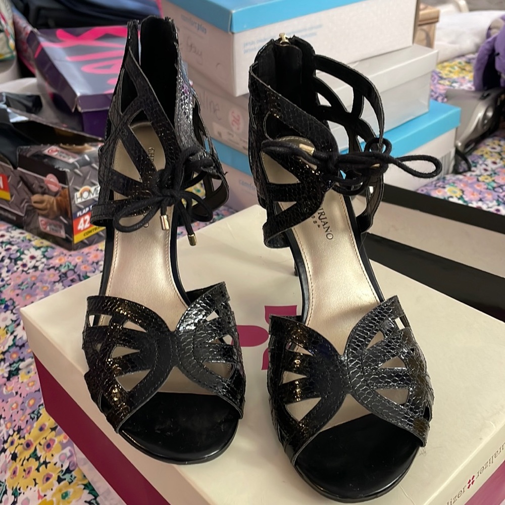 Black tie up open toe heels